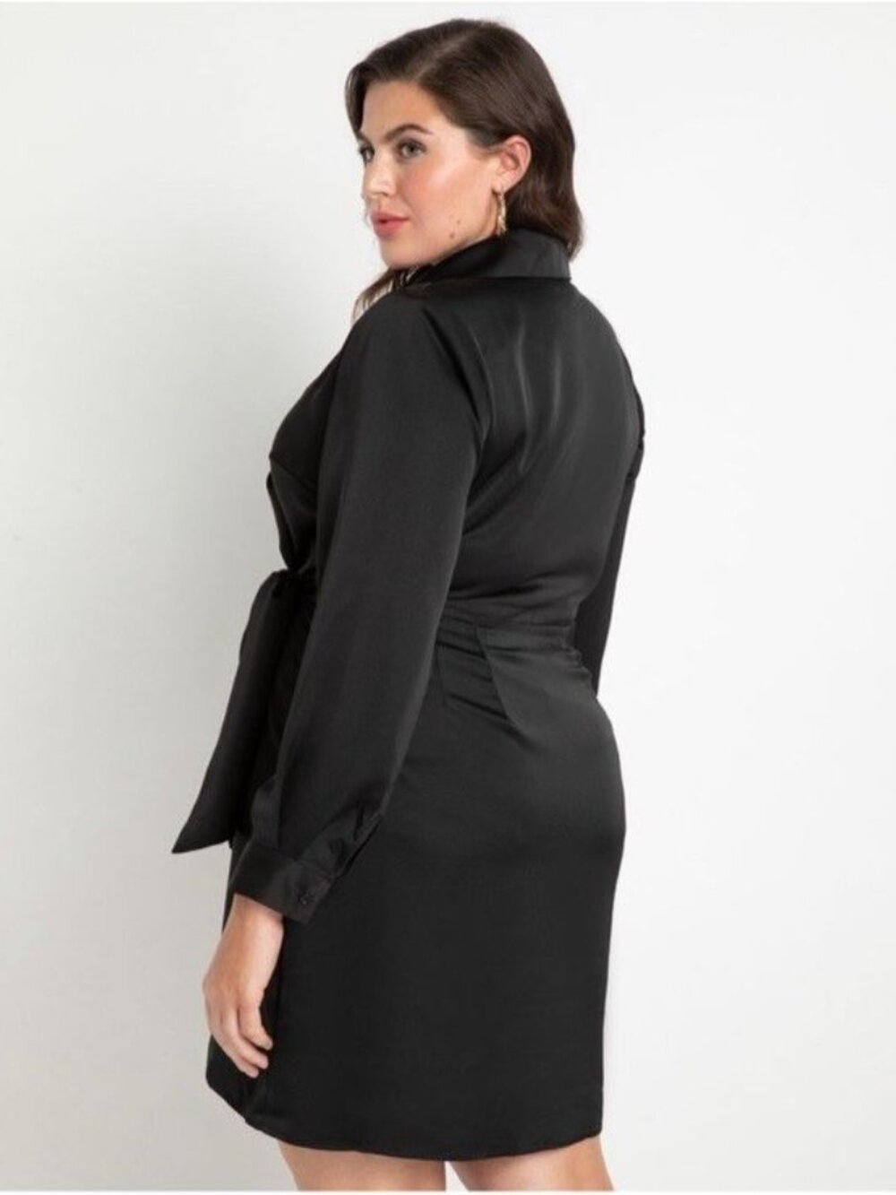 Eloquii Black Satin Long Sleeve Shirt Wrap Dress Plus Sz 22 Lapel Collared Mini - Picture 3 of 12